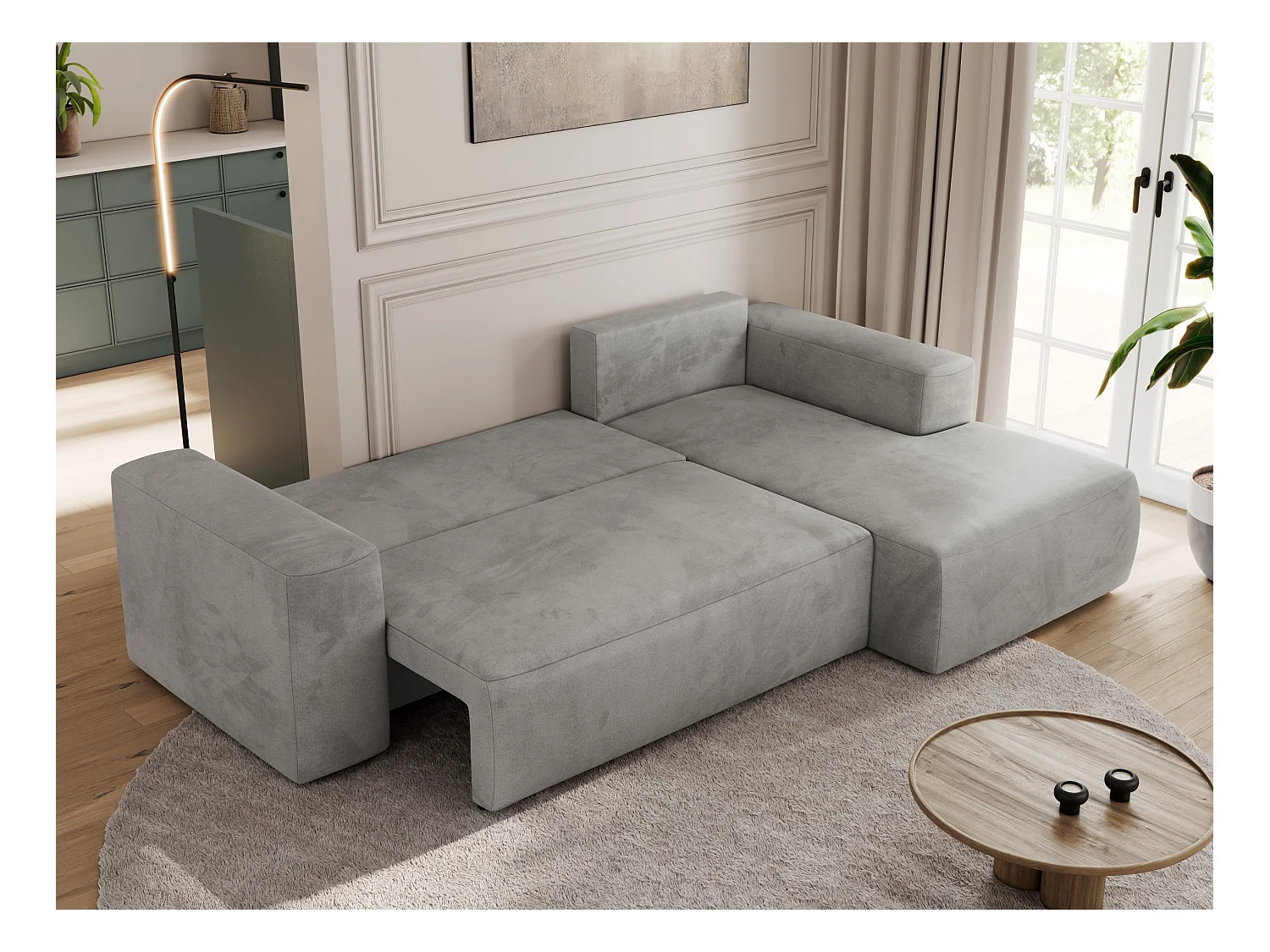 Ecksofa TRENTINO - mit Schlaffunktion und Bettkasten, L-form Couch, lose Kissen und Armlehnen - Hellgrau Velvet - Ecke Rechts