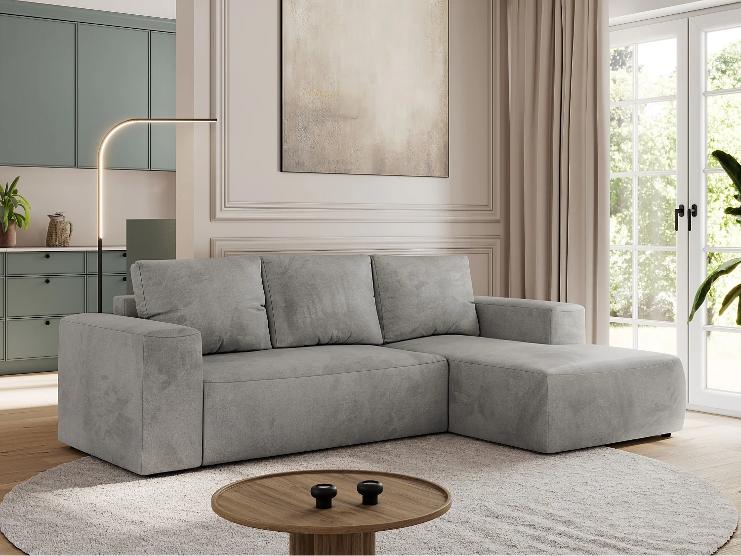 Ecksofa TRENTINO - mit Schlaffunktion und Bettkasten, L-form Couch, lose Kissen und Armlehnen - Hellgrau Velvet - Ecke Rechts