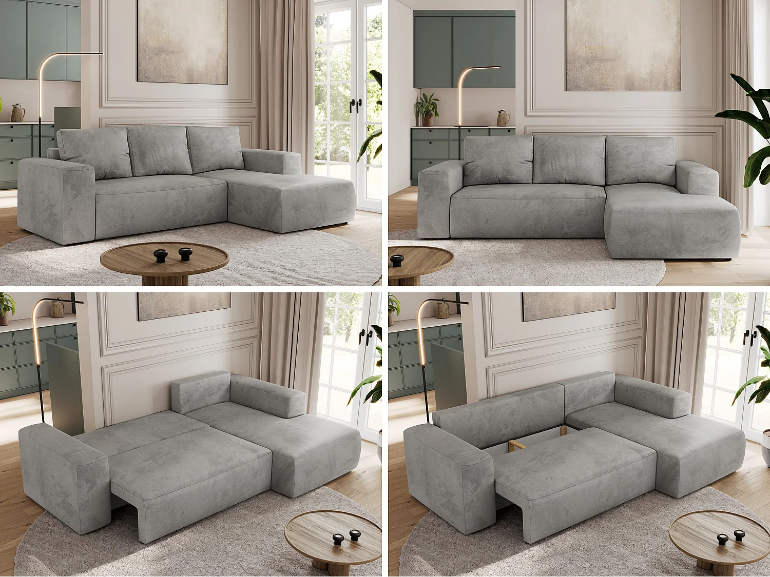 Ecksofa TRENTINO - mit Schlaffunktion und Bettkasten, L-form Couch, lose Kissen und Armlehnen - Hellgrau Velvet - Ecke Rechts