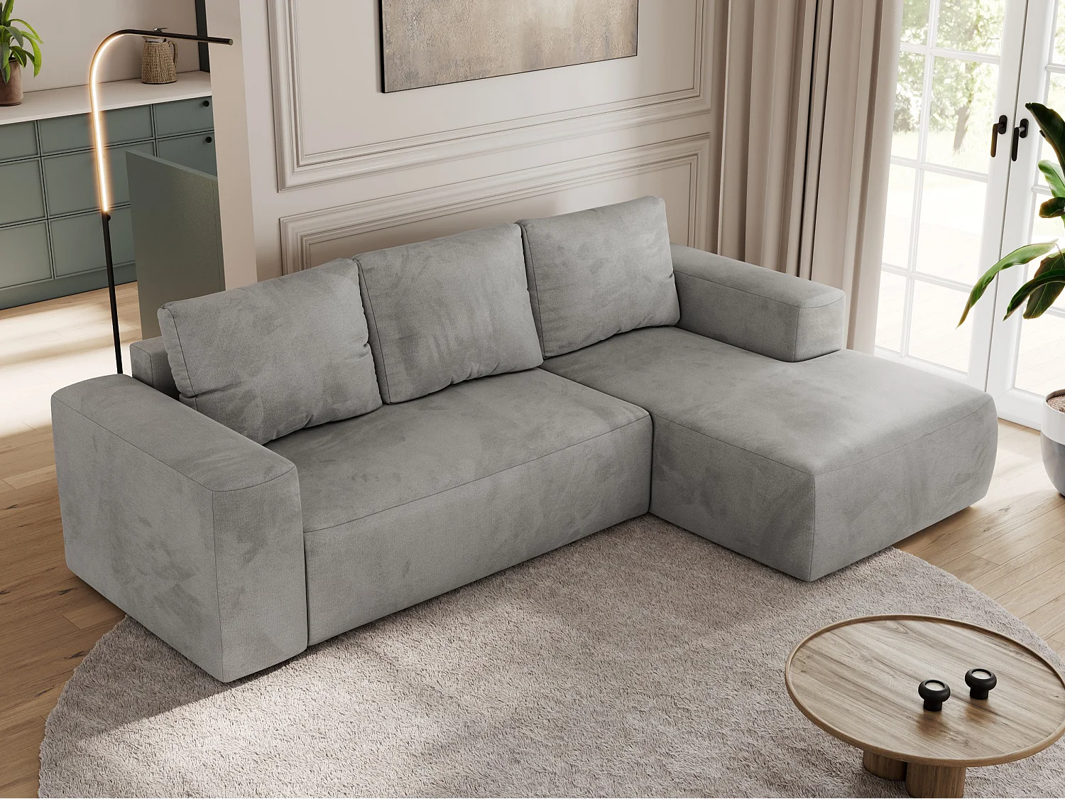 Ecksofa TRENTINO - mit Schlaffunktion und Bettkasten, L-form Couch, lose Kissen und Armlehnen - Hellgrau Velvet - Ecke Rechts