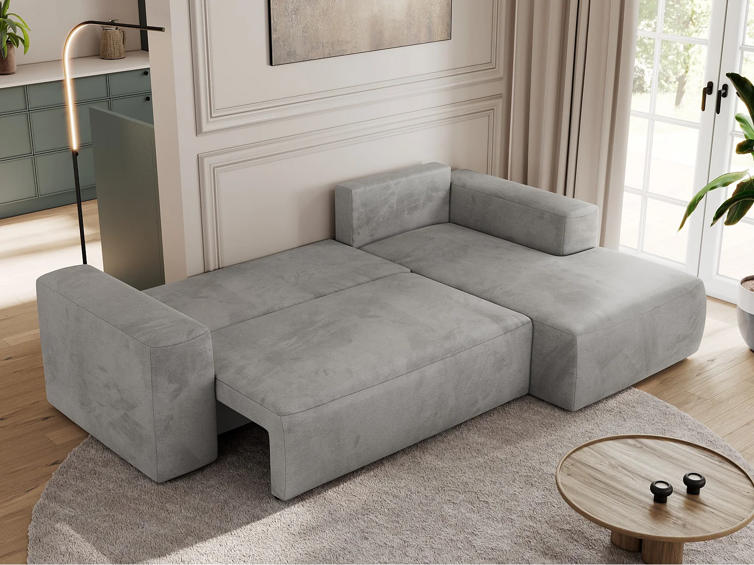 Ecksofa TRENTINO - mit Schlaffunktion und Bettkasten, L-form Couch, lose Kissen und Armlehnen - Hellgrau Velvet - Ecke Rechts