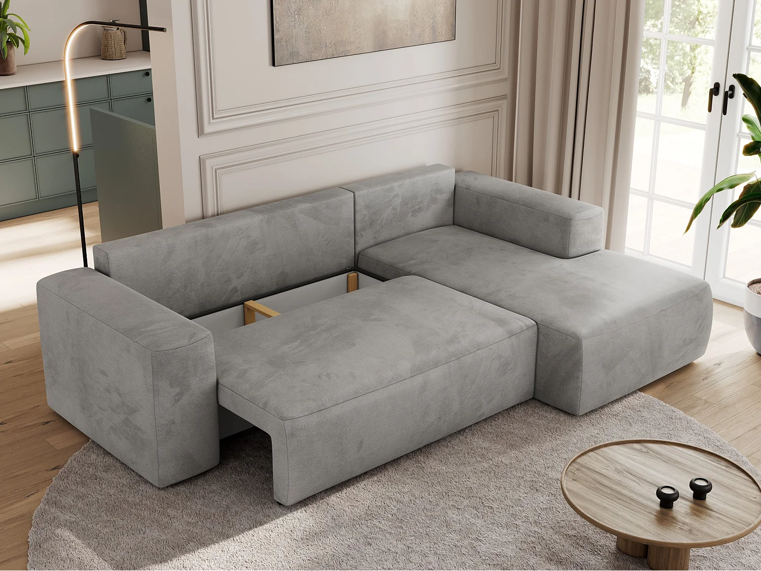 Ecksofa TRENTINO - mit Schlaffunktion und Bettkasten, L-form Couch, lose Kissen und Armlehnen - Hellgrau Velvet - Ecke Rechts