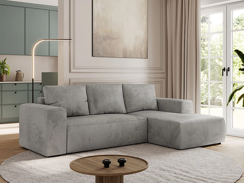 Ecksofa TRENTINO - mit Schlaffunktion und Bettkasten, L-form Couch, lose Kissen und Armlehnen - Hellgrau Velvet - Ecke Rechts