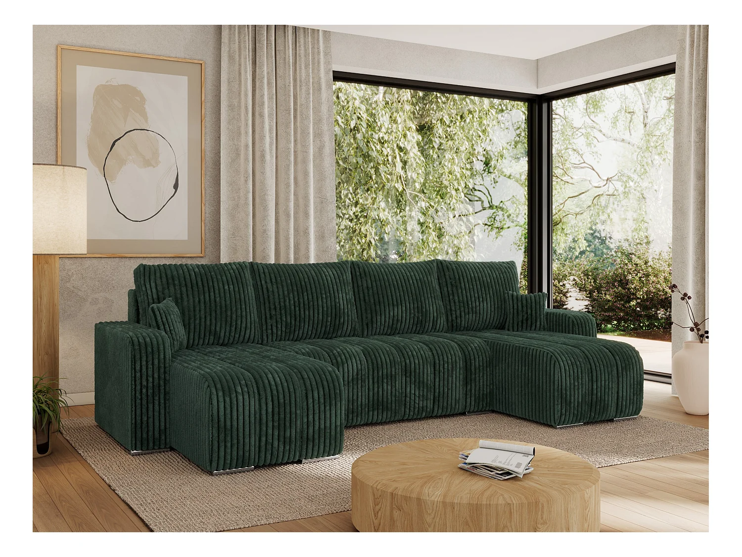 Ecksofa KIRASSO U - Wohnlandschaft, Schlaffunktion und Bettkasten, Couch U-form, lose Kissen - Grün Cord