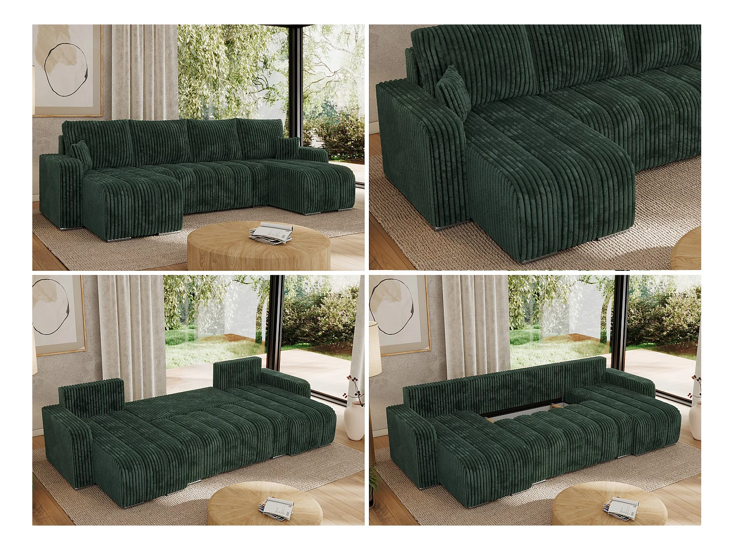 Ecksofa KIRASSO U - Wohnlandschaft, Schlaffunktion und Bettkasten, Couch U-form, lose Kissen - Grün Cord