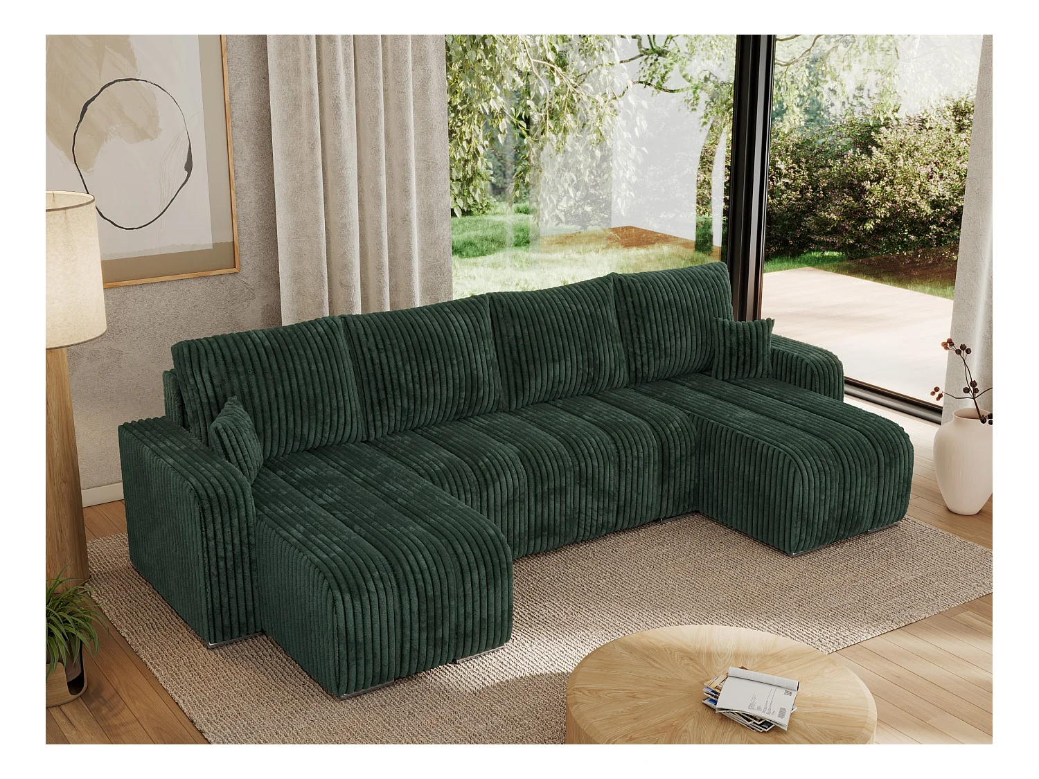 Ecksofa KIRASSO U - Wohnlandschaft, Schlaffunktion und Bettkasten, Couch U-form, lose Kissen - Grün Cord