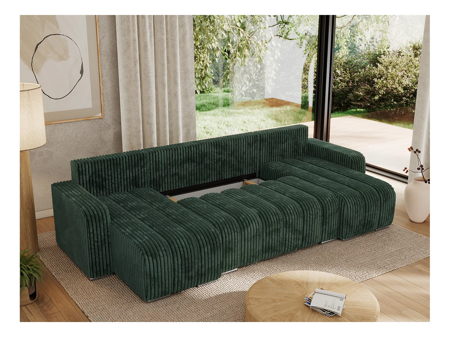 Ecksofa KIRASSO U - Wohnlandschaft, Schlaffunktion und Bettkasten, Couch U-form, lose Kissen - Grün Cord
