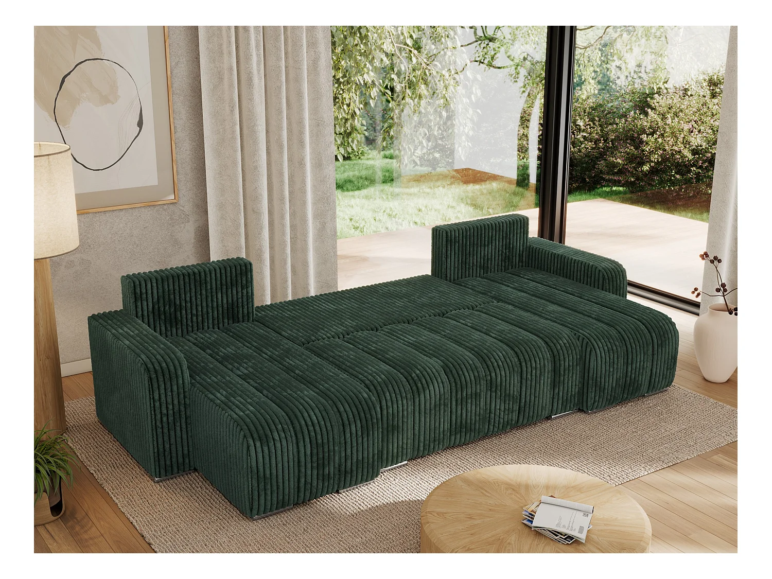 Ecksofa KIRASSO U - Wohnlandschaft, Schlaffunktion und Bettkasten, Couch U-form, lose Kissen - Grün Cord