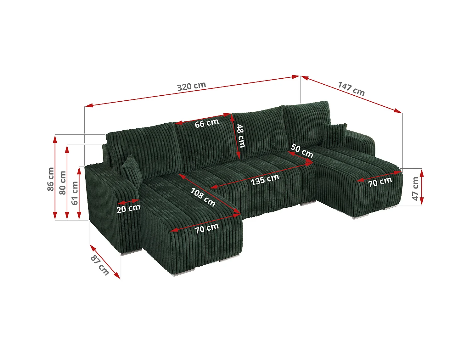 Ecksofa KIRASSO U - Wohnlandschaft, Schlaffunktion und Bettkasten, Couch U-form, lose Kissen - Grün Cord