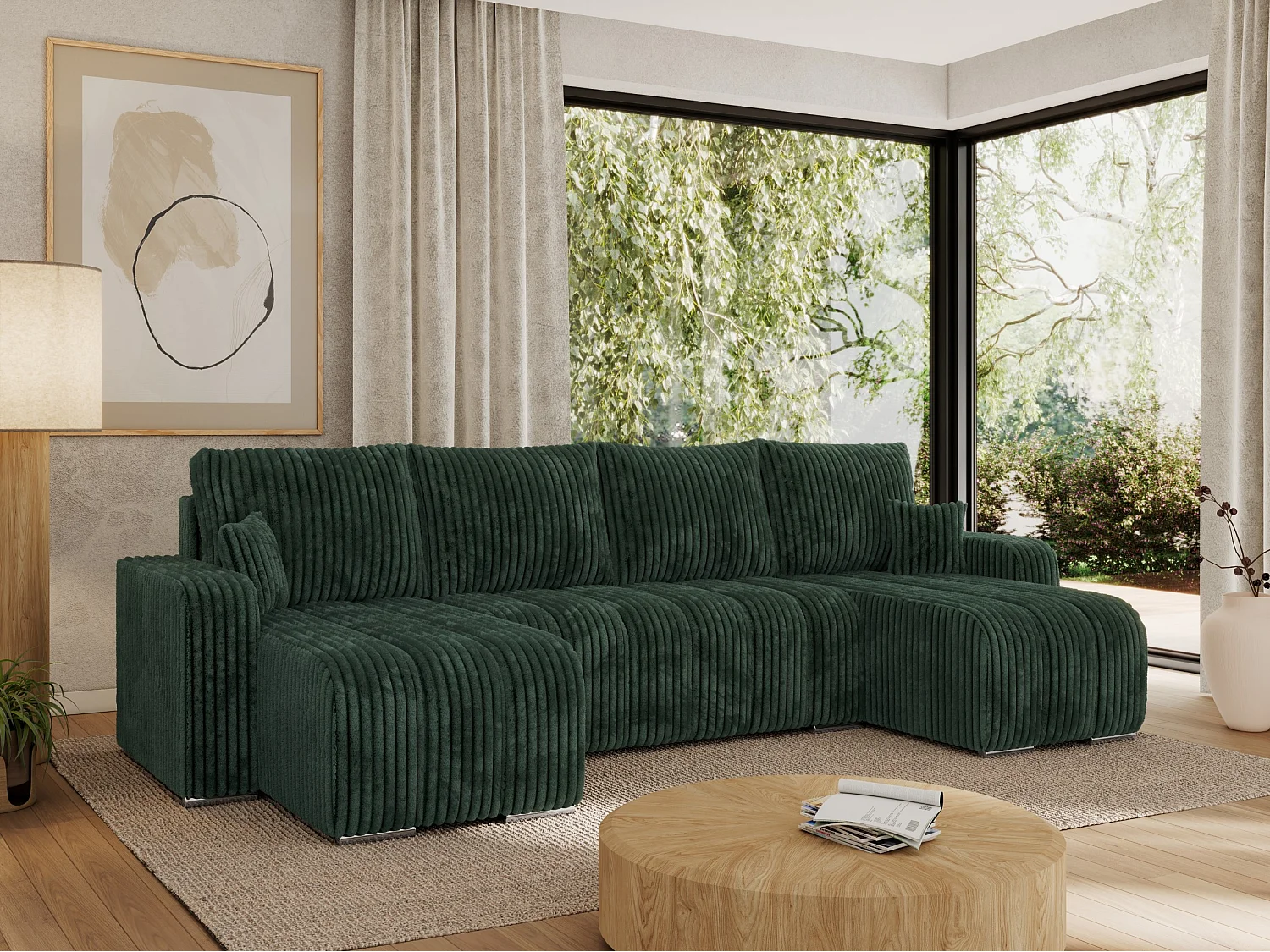 Ecksofa KIRASSO U - Wohnlandschaft, Schlaffunktion und Bettkasten, Couch U-form, lose Kissen - Grün Cord