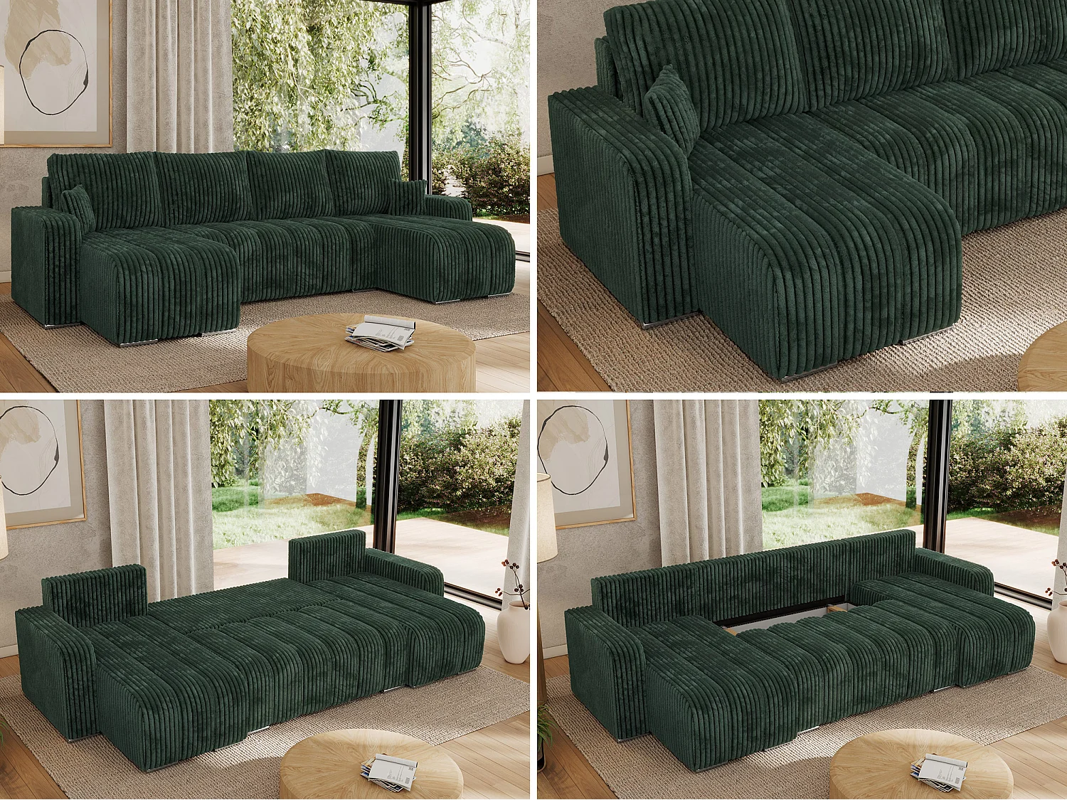 Ecksofa KIRASSO U - Wohnlandschaft, Schlaffunktion und Bettkasten, Couch U-form, lose Kissen - Grün Cord