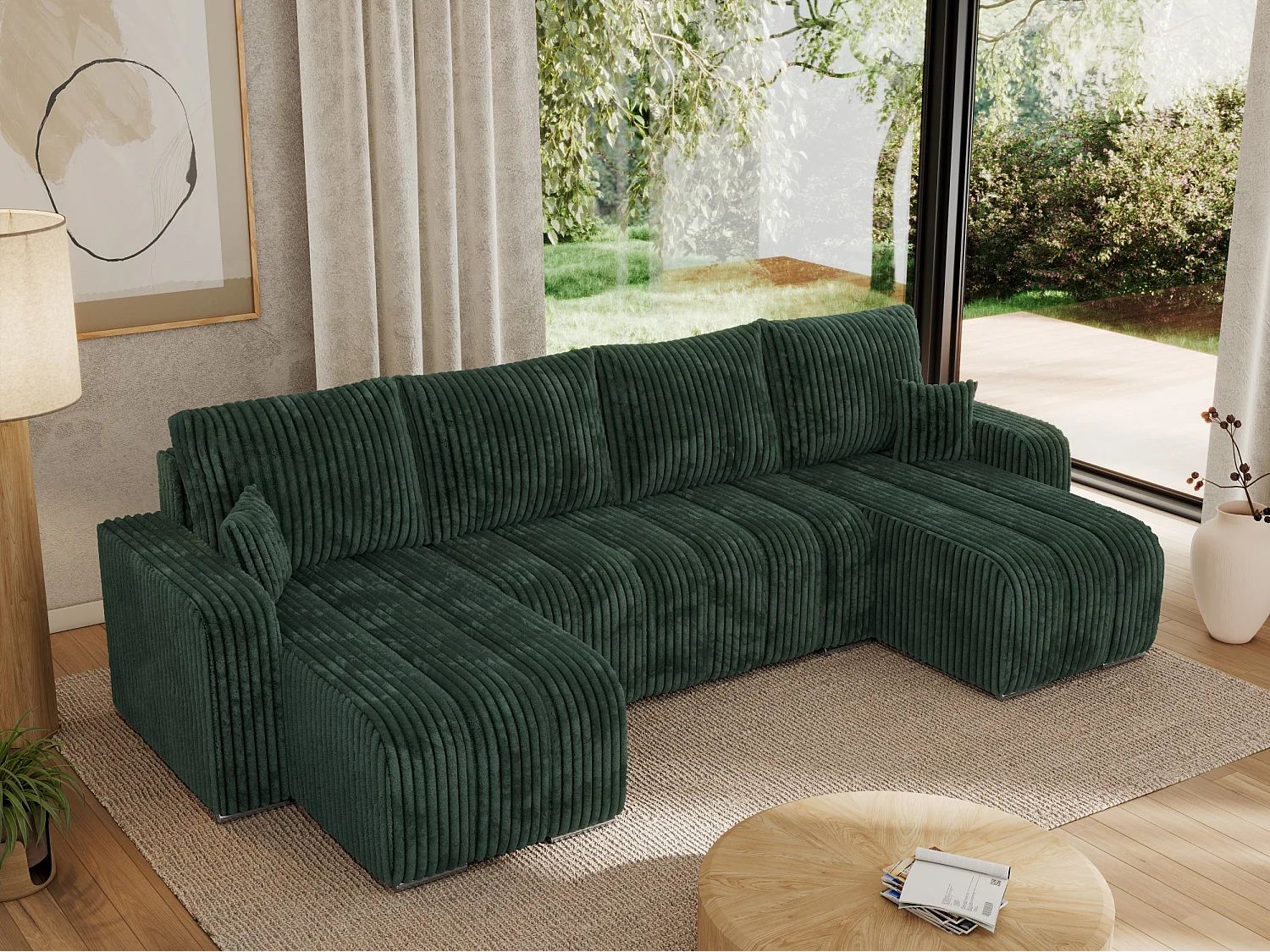 Ecksofa KIRASSO U - Wohnlandschaft, Schlaffunktion und Bettkasten, Couch U-form, lose Kissen - Grün Cord