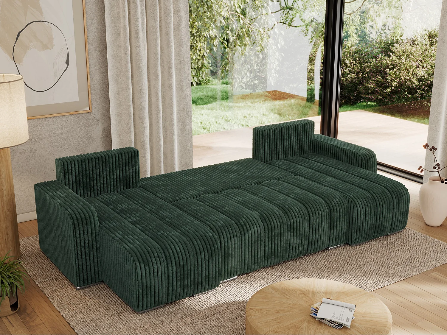Ecksofa KIRASSO U - Wohnlandschaft, Schlaffunktion und Bettkasten, Couch U-form, lose Kissen - Grün Cord