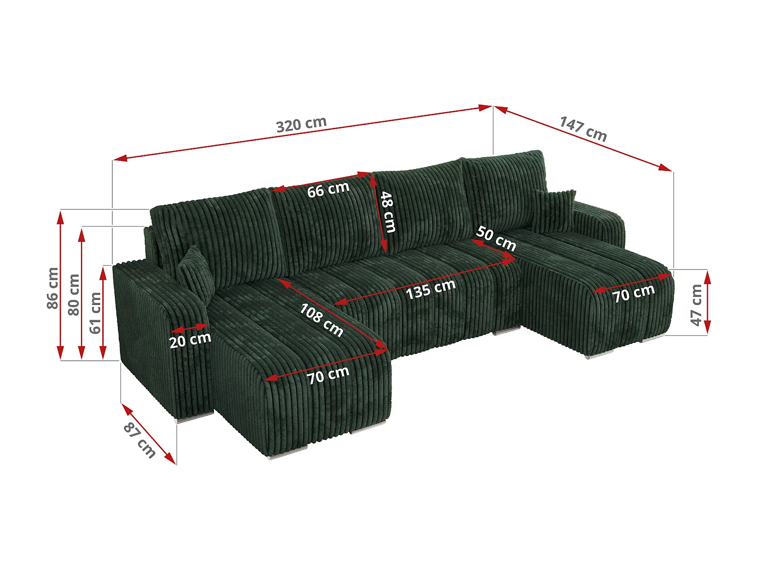 Ecksofa KIRASSO U - Wohnlandschaft, Schlaffunktion und Bettkasten, Couch U-form, lose Kissen - Grün Cord