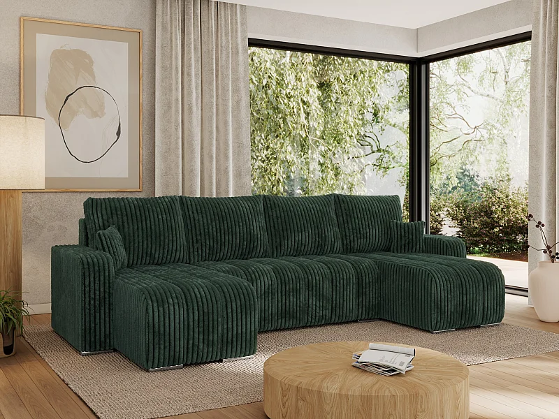 Ecksofa KIRASSO U - Wohnlandschaft, Schlaffunktion und Bettkasten, Couch U-form, lose Kissen - Grün Cord