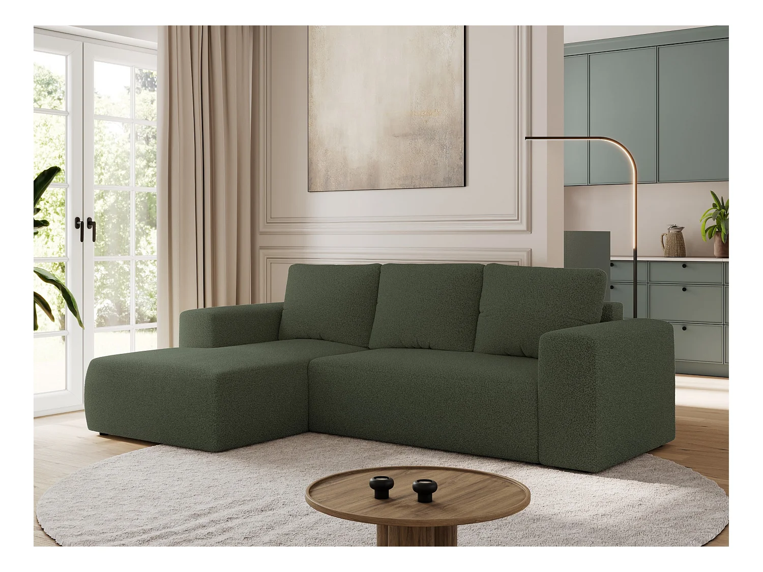 Ecksofa TRENTINO - mit Schlaffunktion und Bettkasten, L-form Couch, lose Kissen und Armlehnen - Grün Boucle - Ecke Links