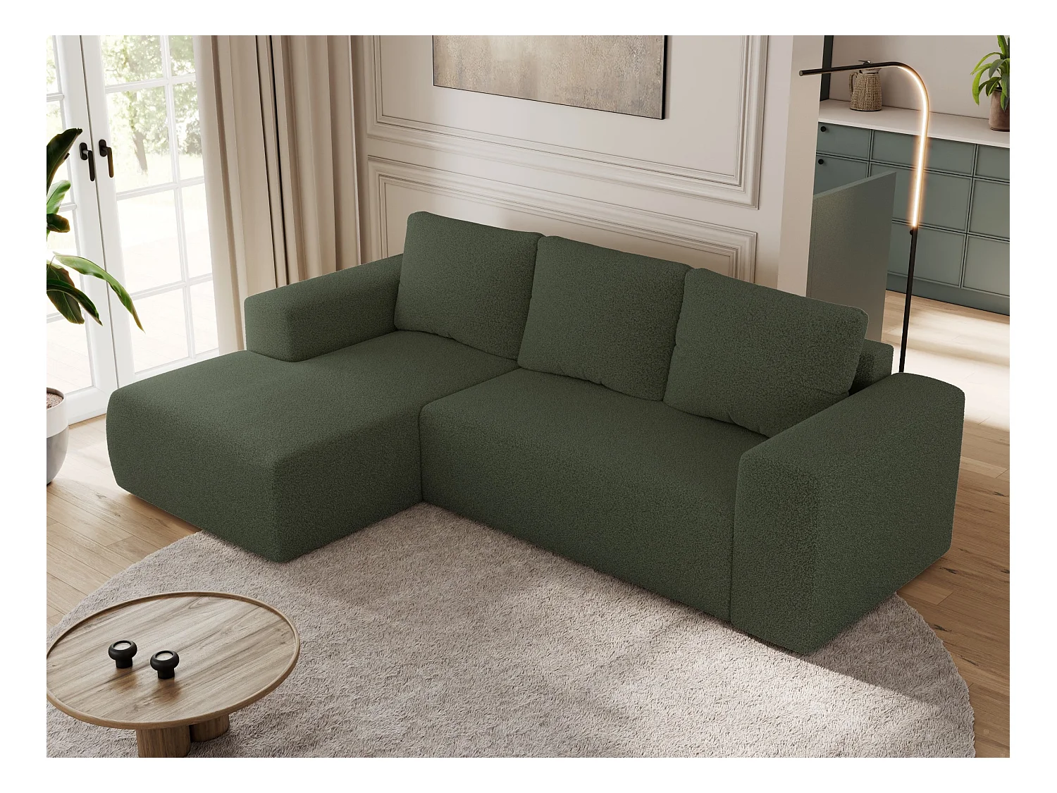 Ecksofa TRENTINO - mit Schlaffunktion und Bettkasten, L-form Couch, lose Kissen und Armlehnen - Grün Boucle - Ecke Links