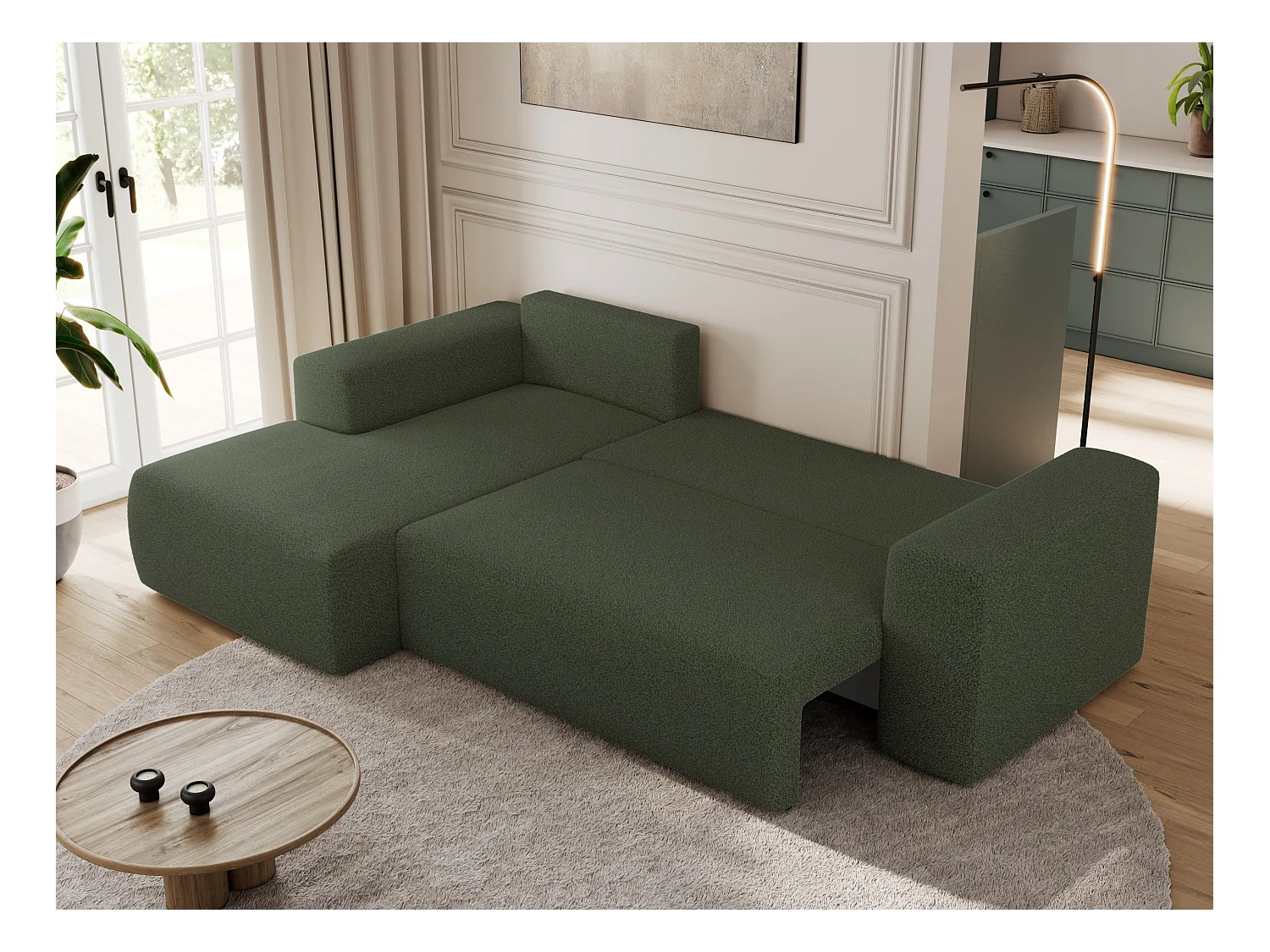 Ecksofa TRENTINO - mit Schlaffunktion und Bettkasten, L-form Couch, lose Kissen und Armlehnen - Grün Boucle - Ecke Links