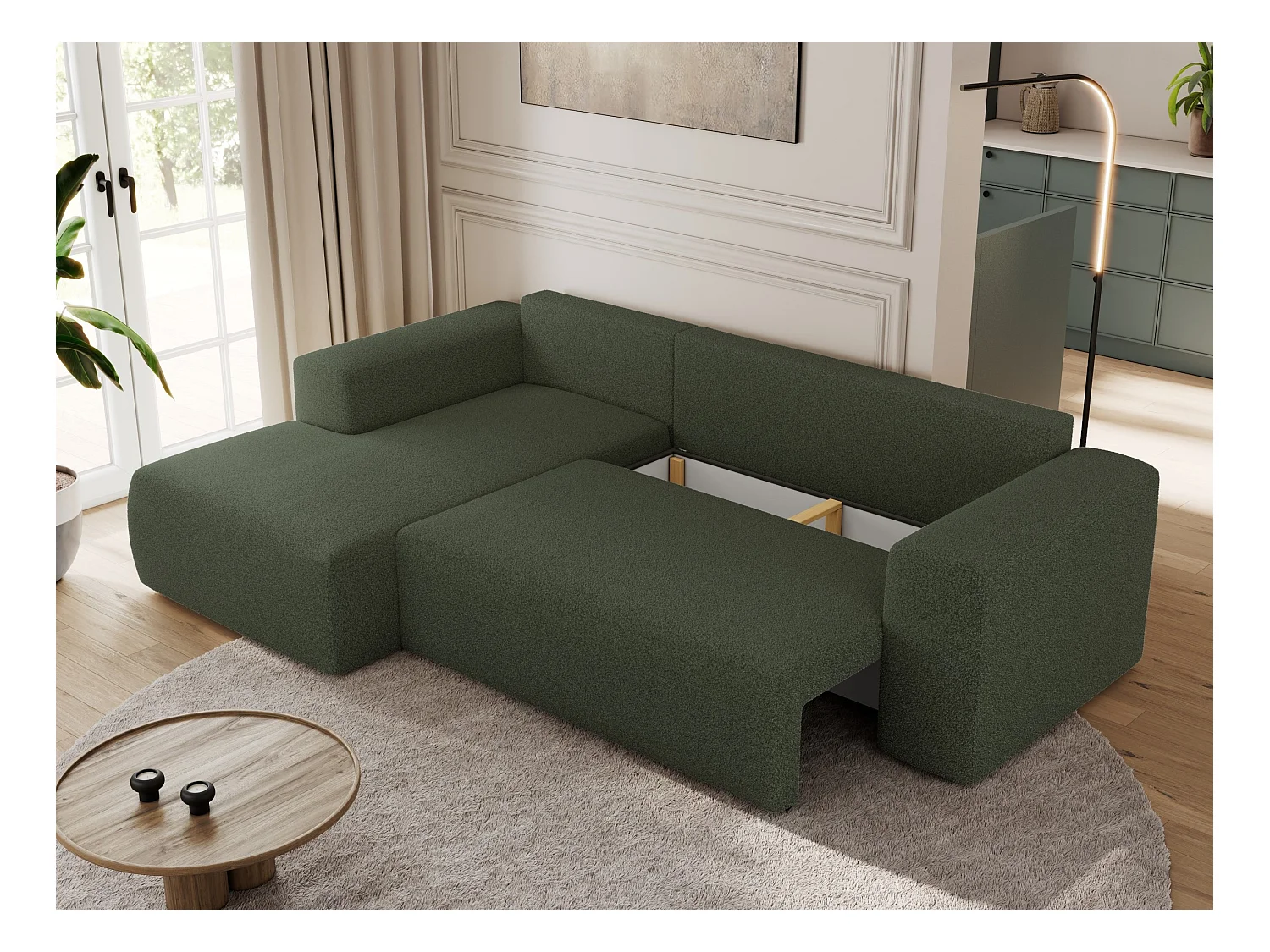 Ecksofa TRENTINO - mit Schlaffunktion und Bettkasten, L-form Couch, lose Kissen und Armlehnen - Grün Boucle - Ecke Links