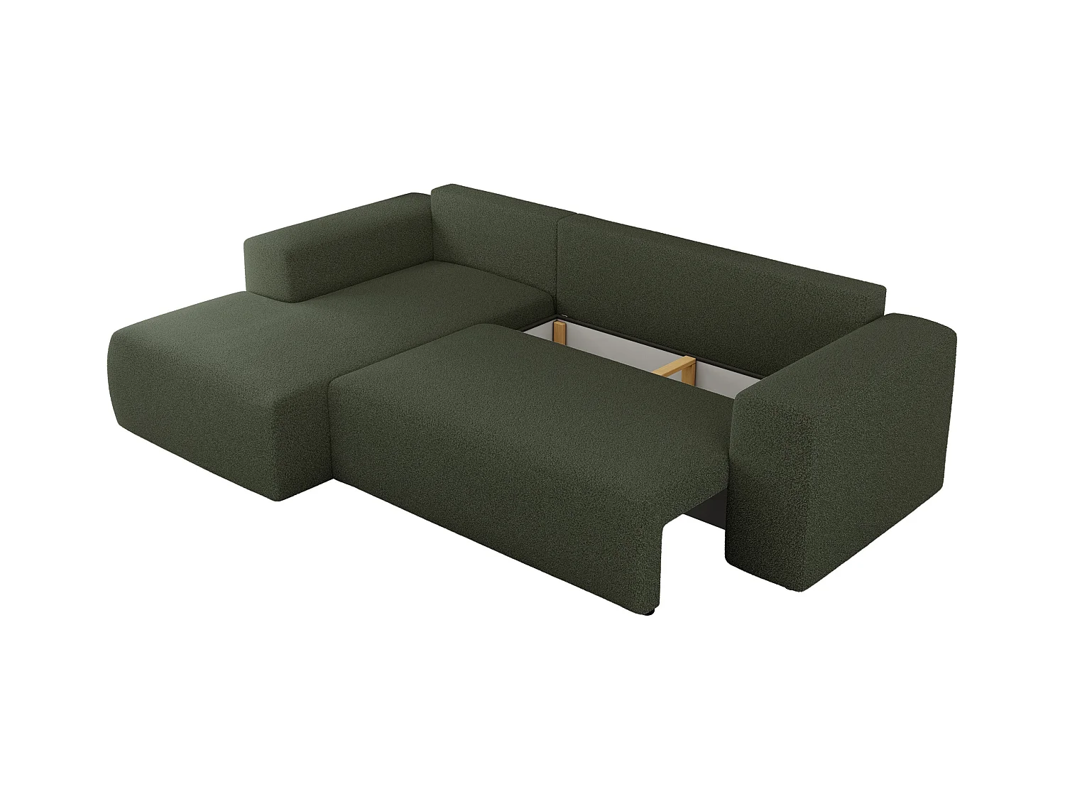 Ecksofa TRENTINO - mit Schlaffunktion und Bettkasten, L-form Couch, lose Kissen und Armlehnen - Grün Boucle - Ecke Links