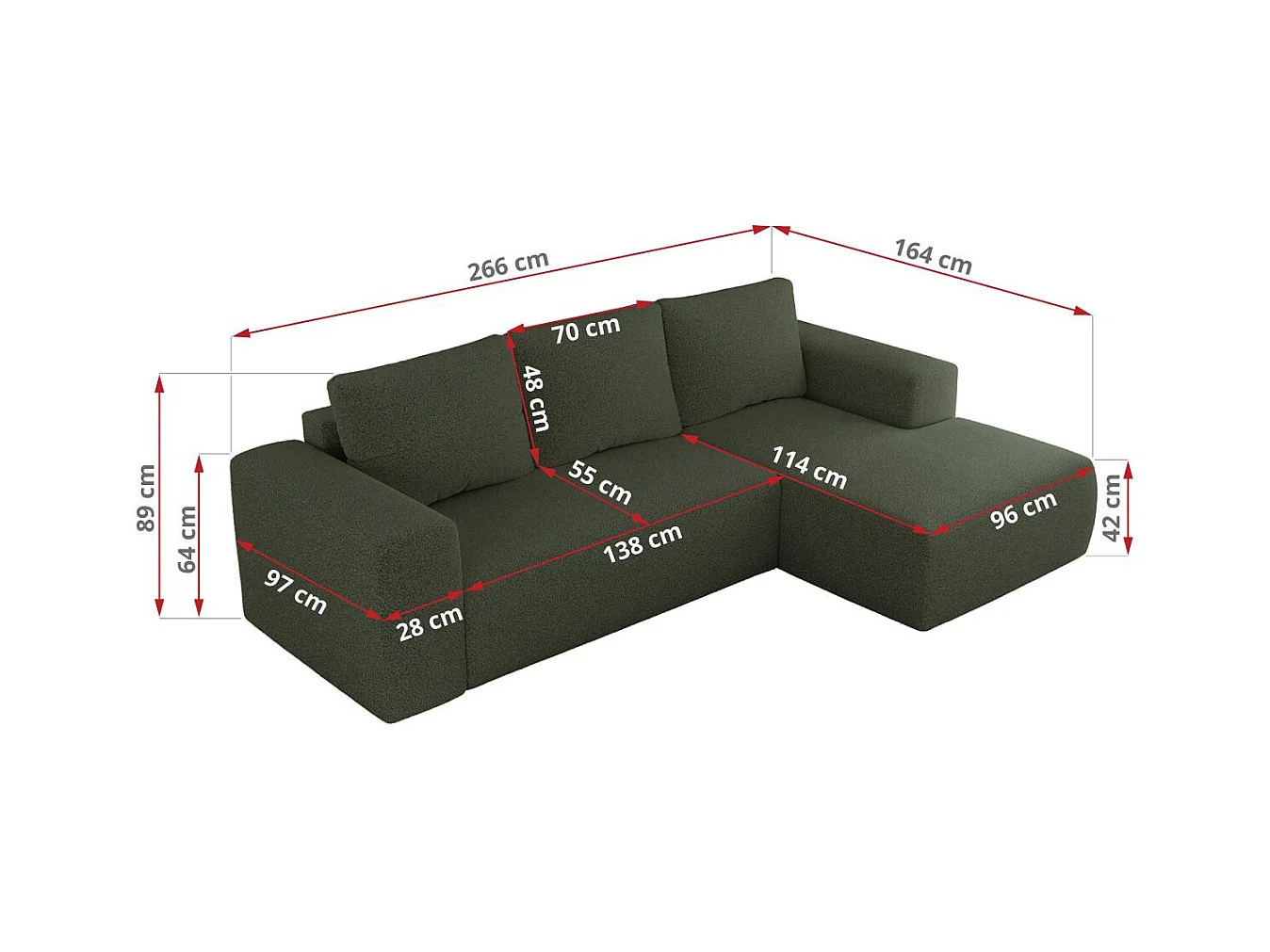 Ecksofa TRENTINO - mit Schlaffunktion und Bettkasten, L-form Couch, lose Kissen und Armlehnen - Grün Boucle - Ecke Links