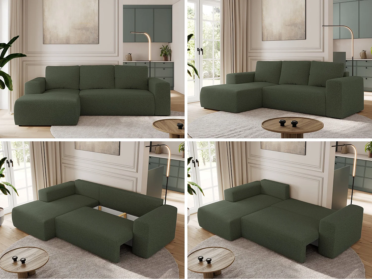 Ecksofa TRENTINO - mit Schlaffunktion und Bettkasten, L-form Couch, lose Kissen und Armlehnen - Grün Boucle - Ecke Links