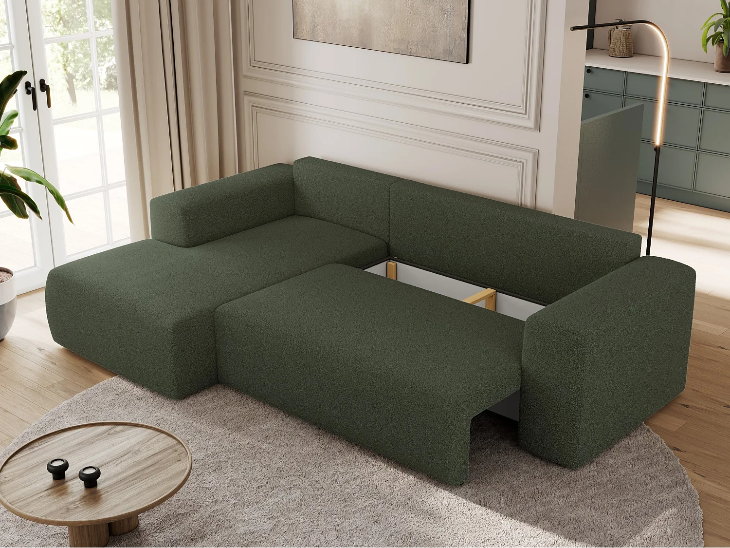 Ecksofa TRENTINO - mit Schlaffunktion und Bettkasten, L-form Couch, lose Kissen und Armlehnen - Grün Boucle - Ecke Links