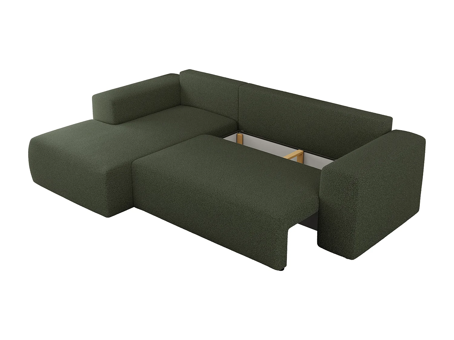 Ecksofa TRENTINO - mit Schlaffunktion und Bettkasten, L-form Couch, lose Kissen und Armlehnen - Grün Boucle - Ecke Links