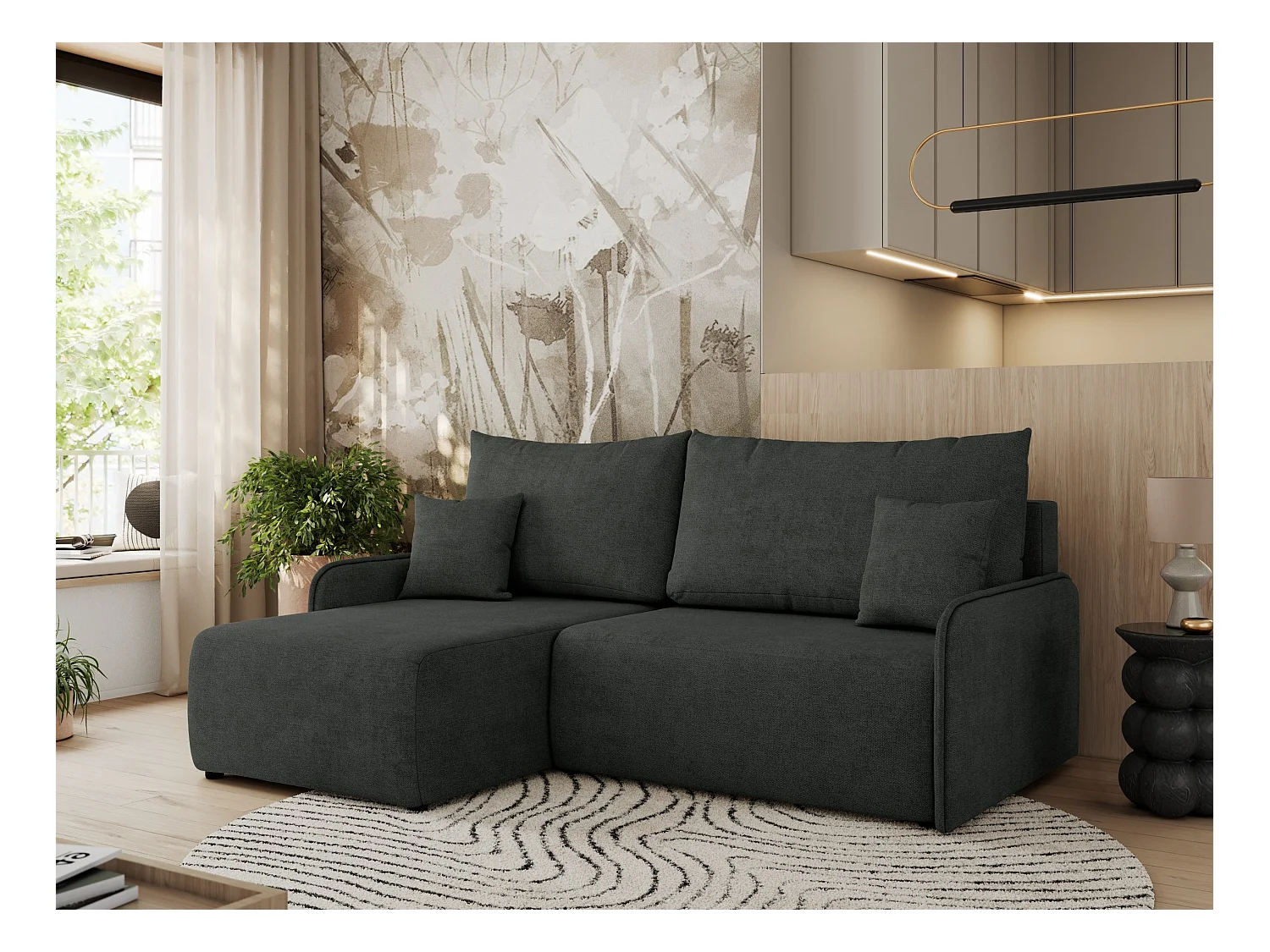 Ecksofa ARPA - L-form Schlaffsofa, Bettkasten und lose Kissen, Armlehnen - Dunkelgrau Struktur - Ecke Links
