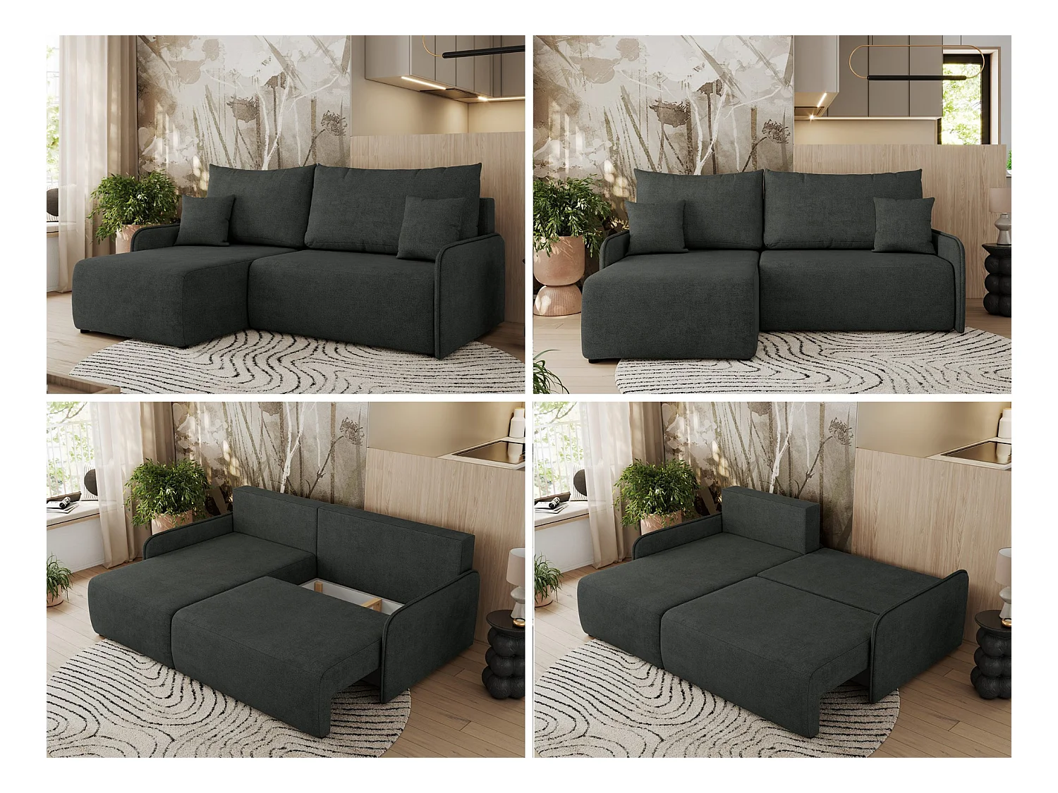 Ecksofa ARPA - L-form Schlaffsofa, Bettkasten und lose Kissen, Armlehnen - Dunkelgrau Struktur - Ecke Links