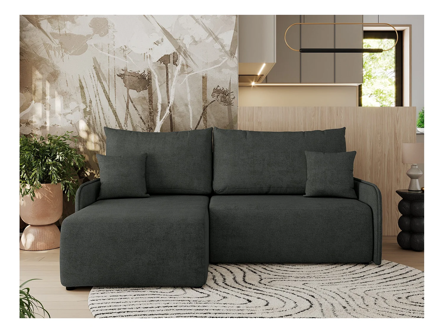 Ecksofa ARPA - L-form Schlaffsofa, Bettkasten und lose Kissen, Armlehnen - Dunkelgrau Struktur - Ecke Links