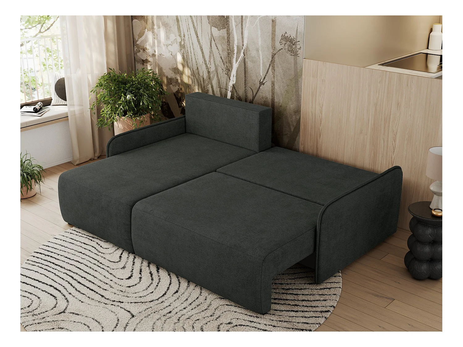 Ecksofa ARPA - L-form Schlaffsofa, Bettkasten und lose Kissen, Armlehnen - Dunkelgrau Struktur - Ecke Links