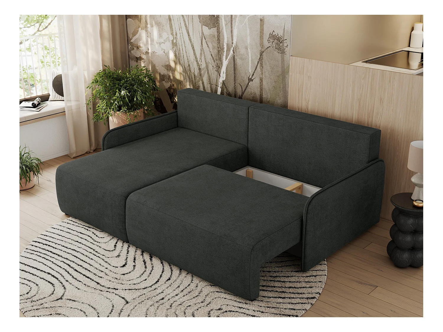 Ecksofa ARPA - L-form Schlaffsofa, Bettkasten und lose Kissen, Armlehnen - Dunkelgrau Struktur - Ecke Links