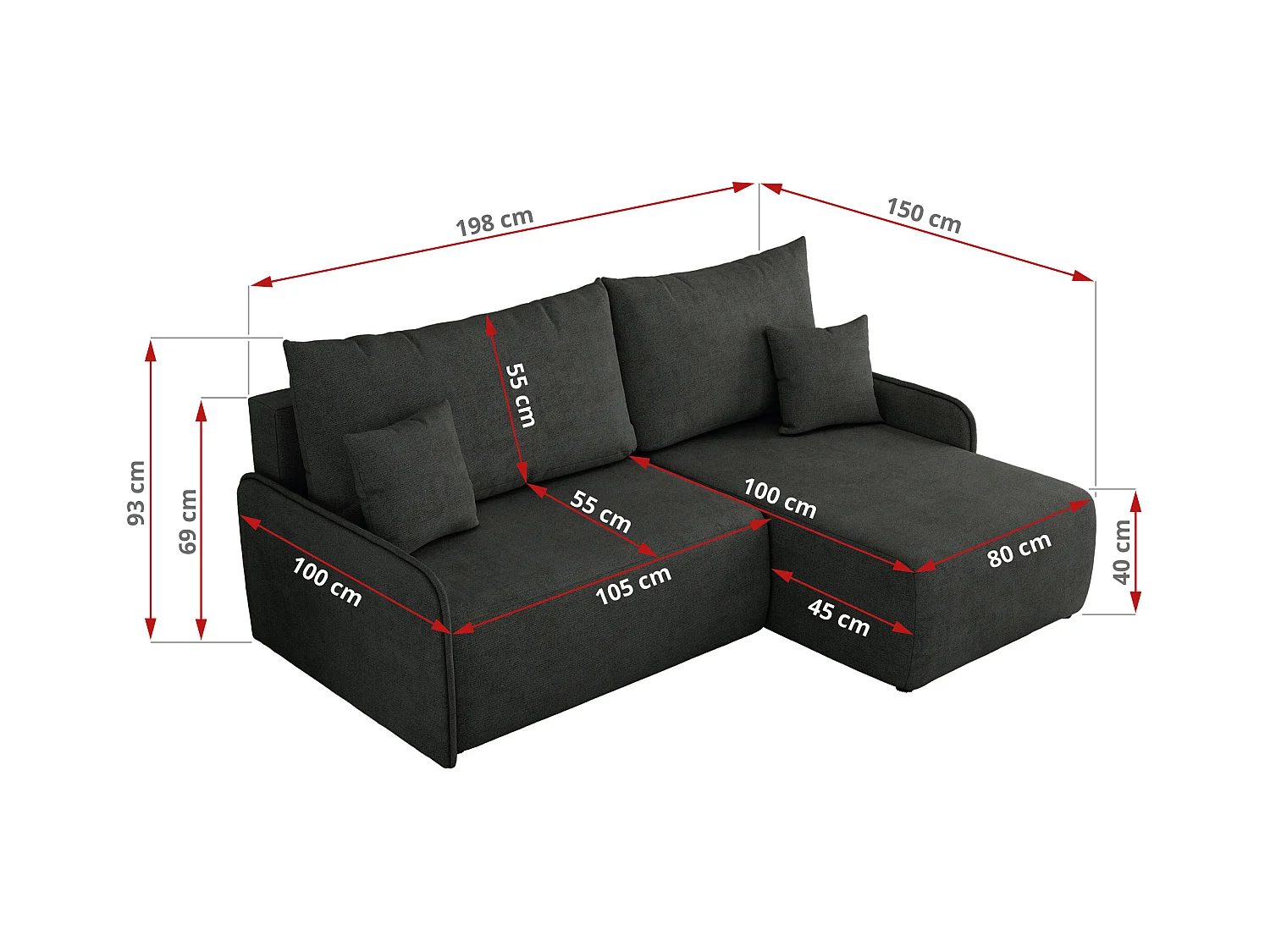 Ecksofa ARPA - L-form Schlaffsofa, Bettkasten und lose Kissen, Armlehnen - Dunkelgrau Struktur - Ecke Links