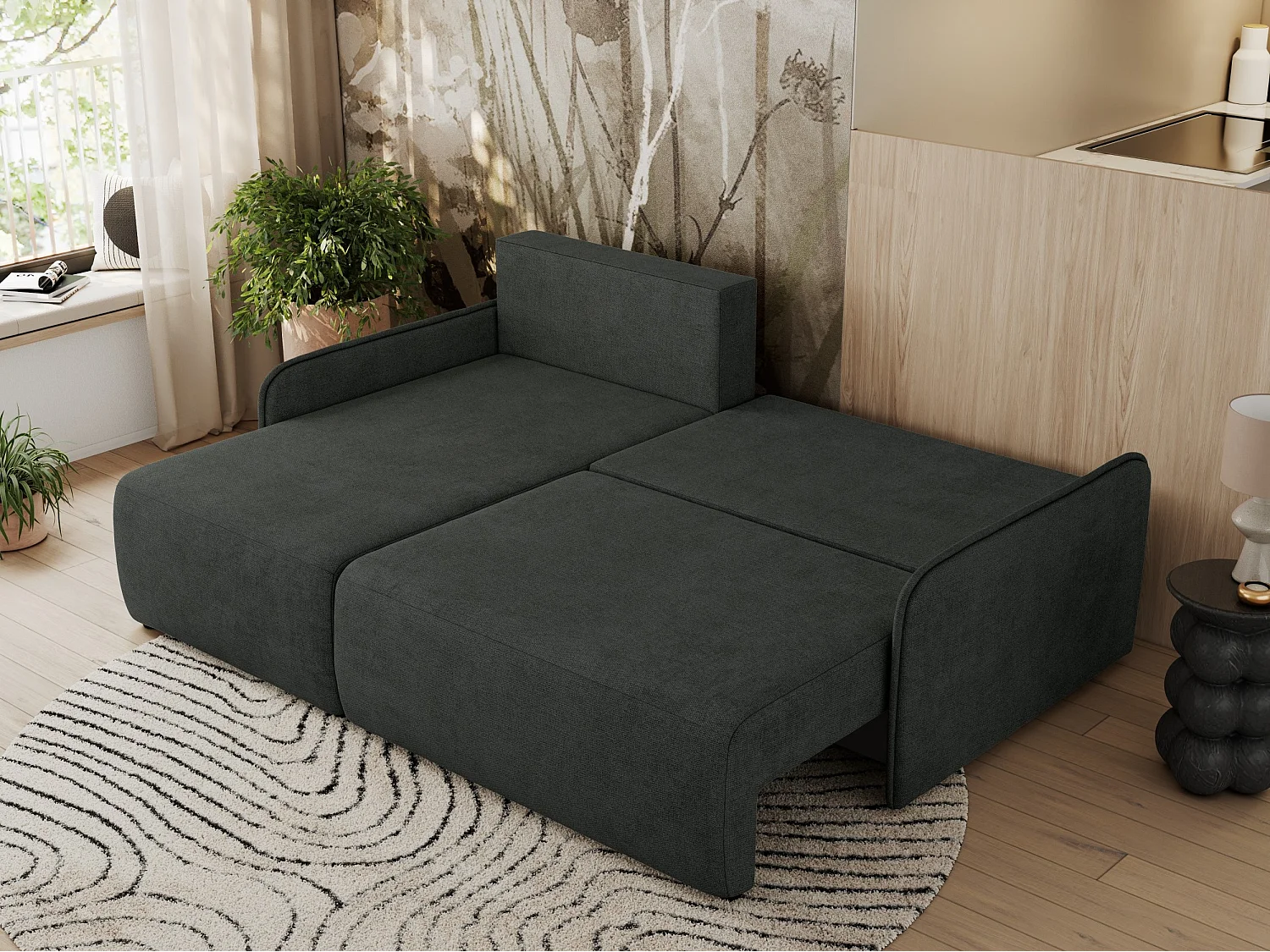 Ecksofa ARPA - L-form Schlaffsofa, Bettkasten und lose Kissen, Armlehnen - Dunkelgrau Struktur - Ecke Links