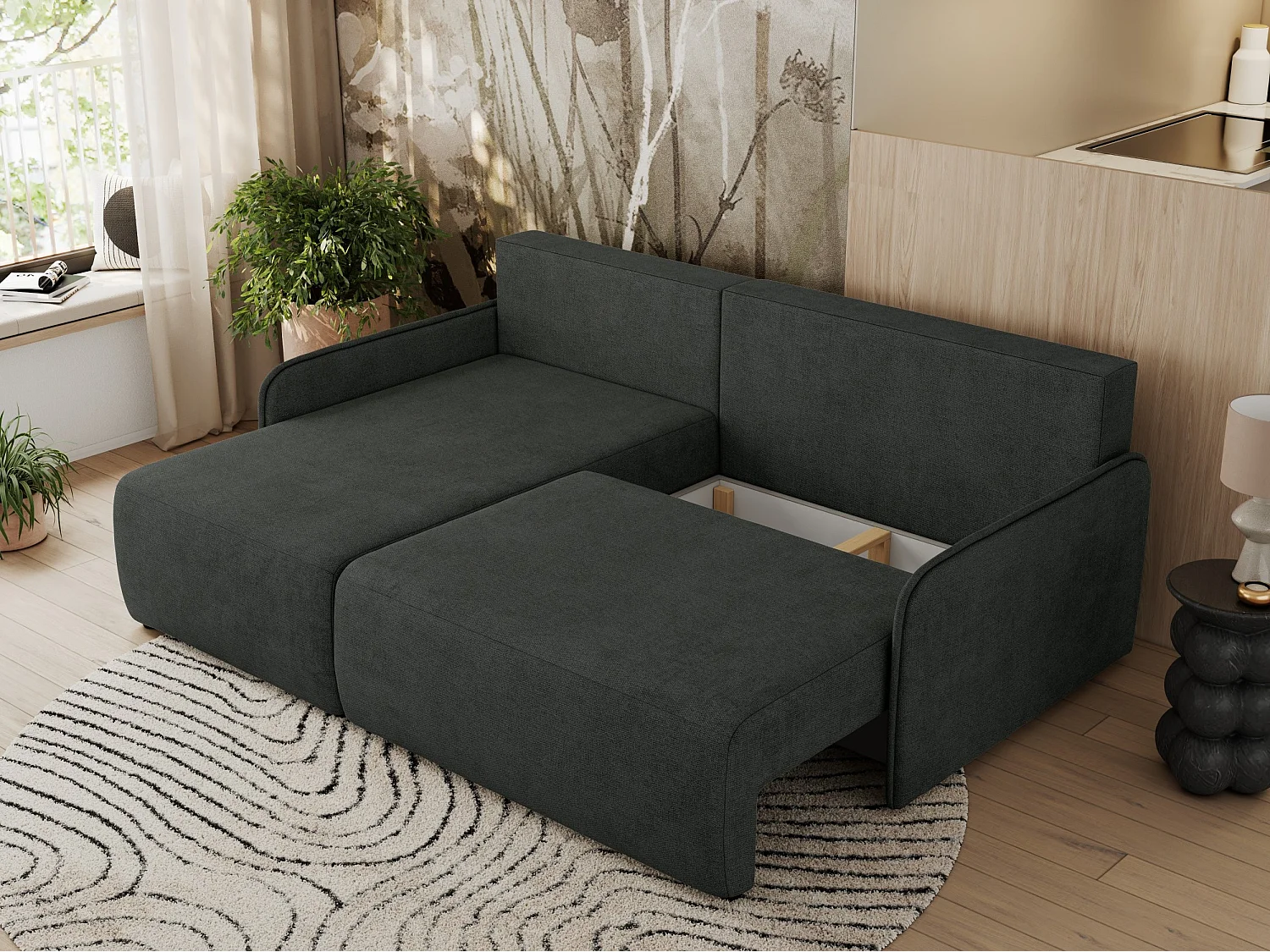 Ecksofa ARPA - L-form Schlaffsofa, Bettkasten und lose Kissen, Armlehnen - Dunkelgrau Struktur - Ecke Links