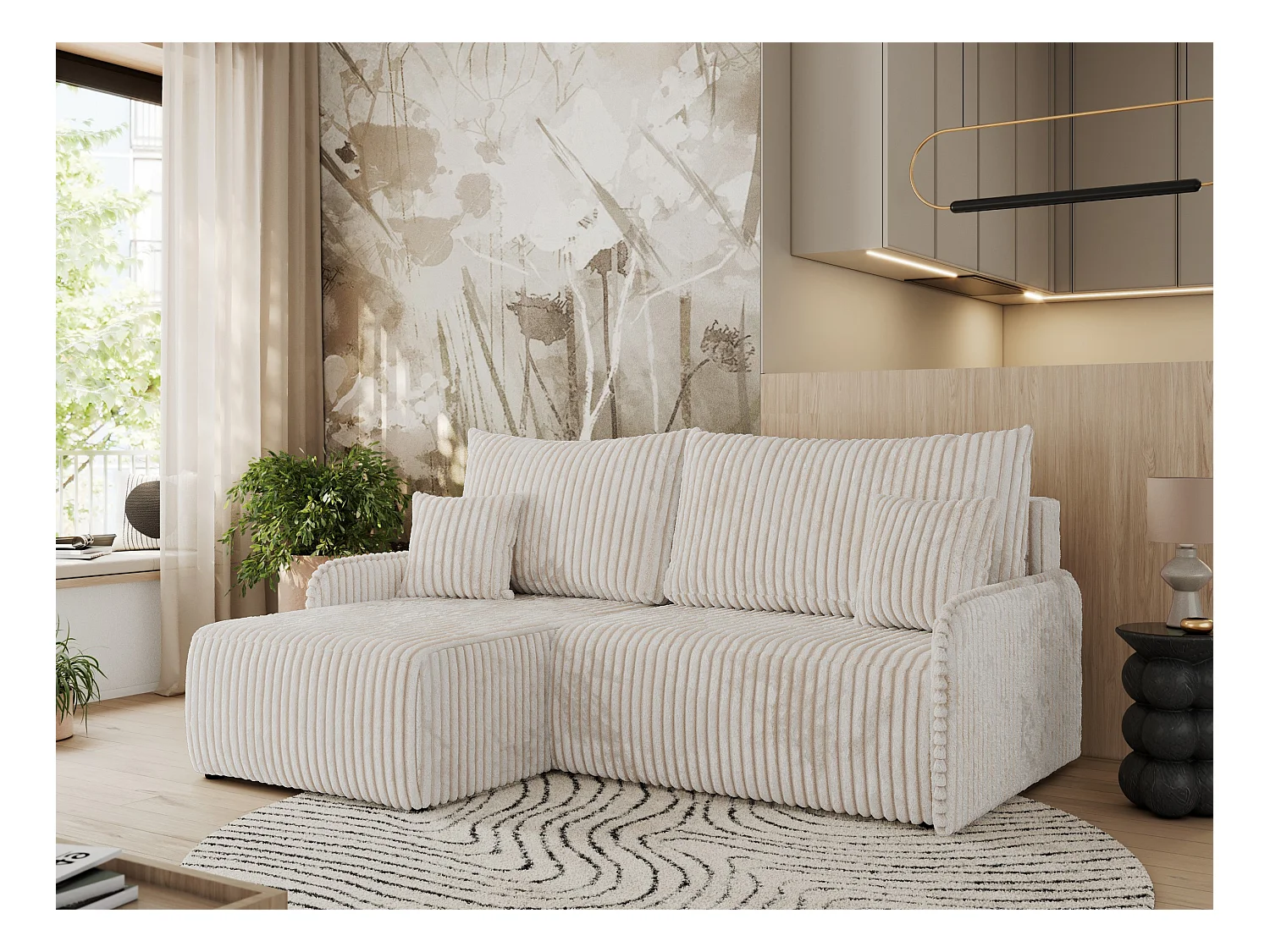 Ecksofa ARPA - L-form Schlaffsofa, Bettkasten und lose Kissen, Armlehnen - Creme Cord - Ecke Links