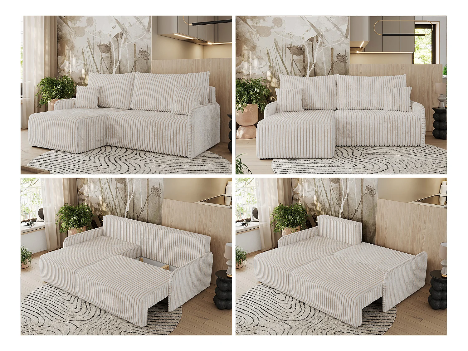 Ecksofa ARPA - L-form Schlaffsofa, Bettkasten und lose Kissen, Armlehnen - Creme Cord - Ecke Links
