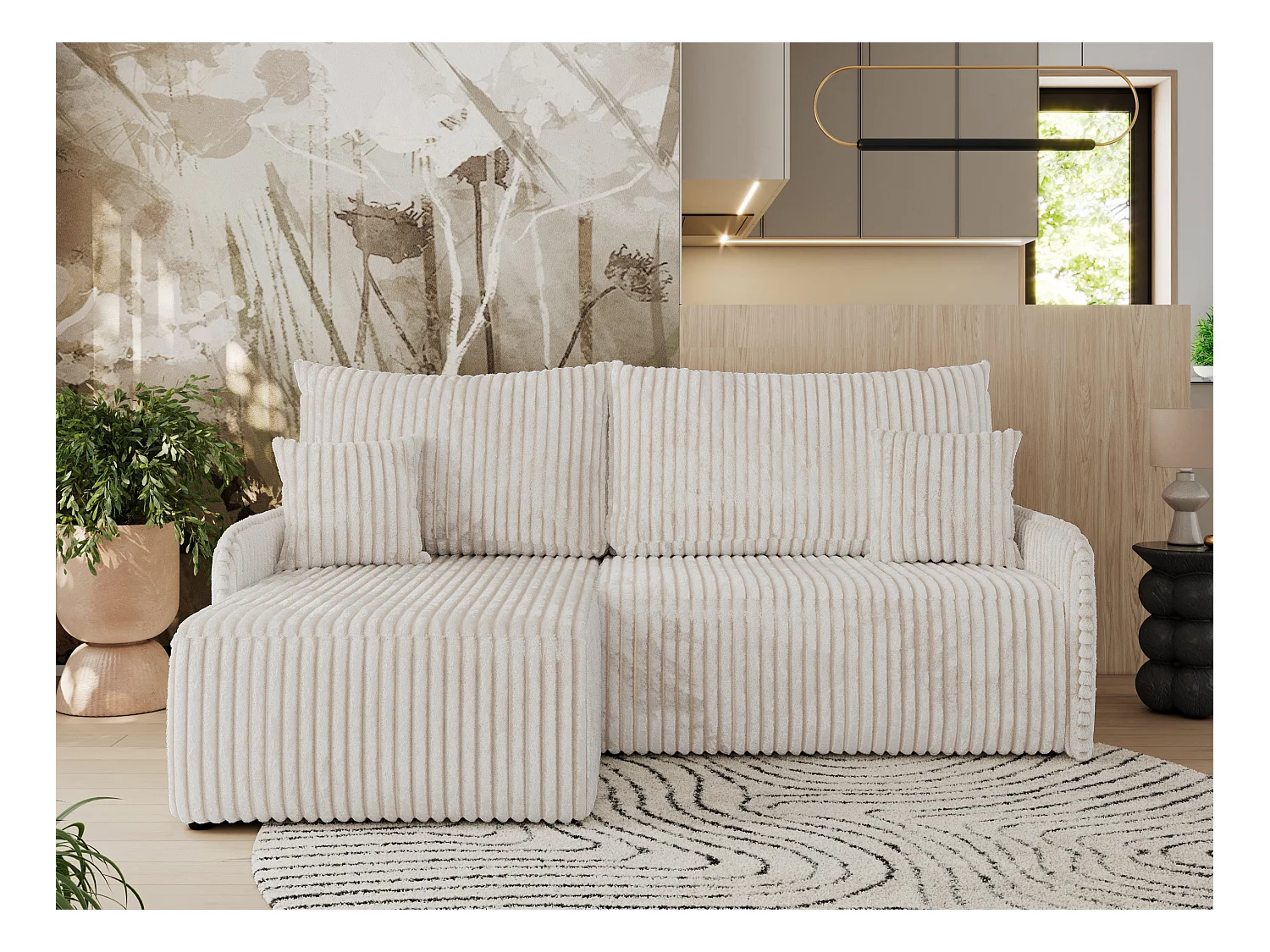 Ecksofa ARPA - L-form Schlaffsofa, Bettkasten und lose Kissen, Armlehnen - Creme Cord - Ecke Links