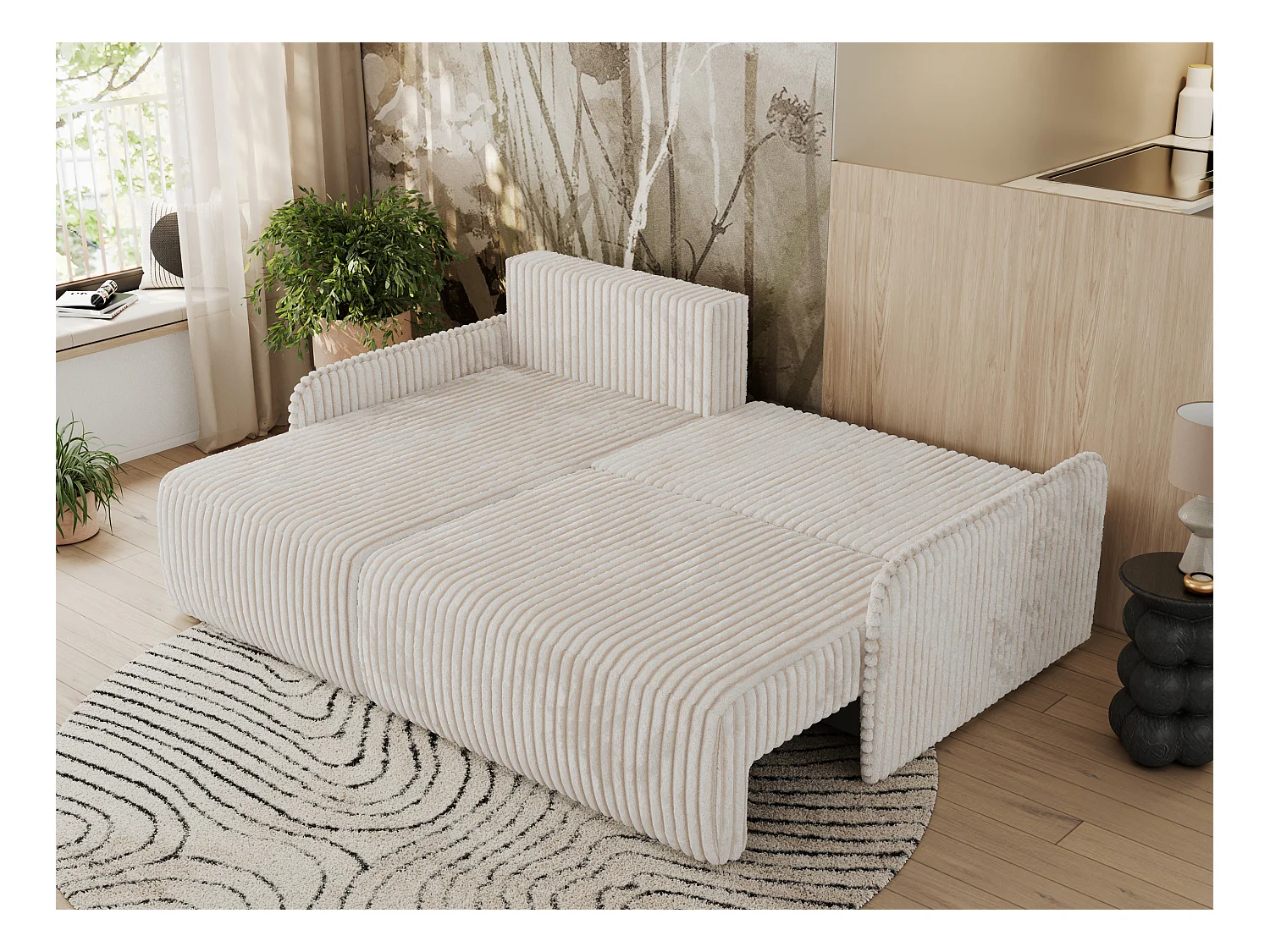 Ecksofa ARPA - L-form Schlaffsofa, Bettkasten und lose Kissen, Armlehnen - Creme Cord - Ecke Links
