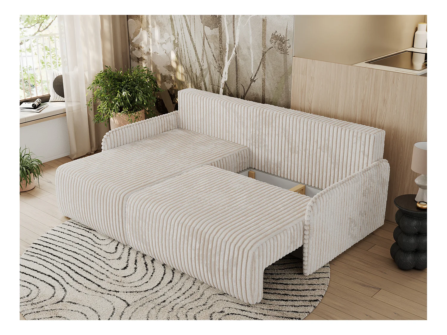 Ecksofa ARPA - L-form Schlaffsofa, Bettkasten und lose Kissen, Armlehnen - Creme Cord - Ecke Links
