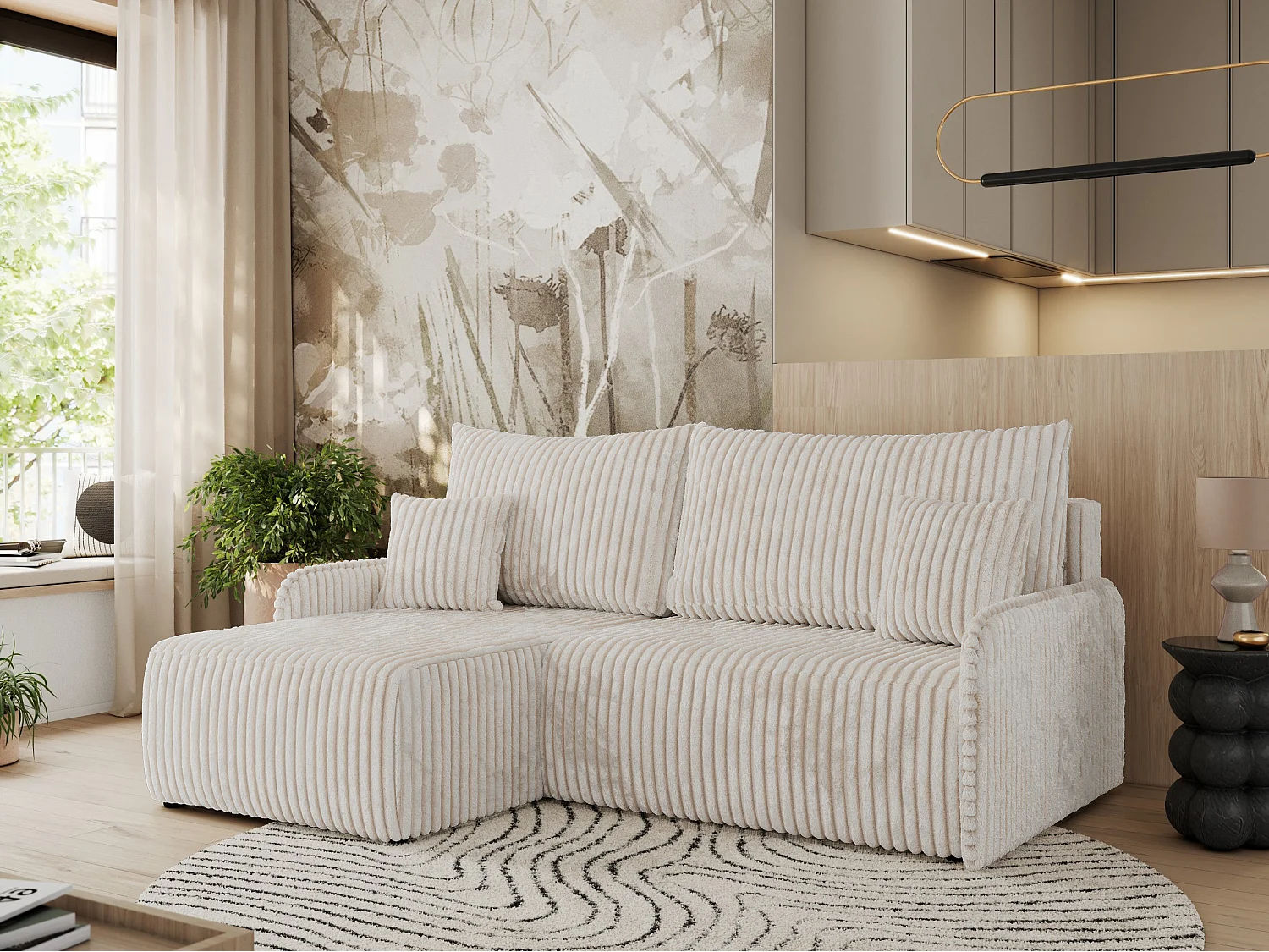 Ecksofa ARPA - L-form Schlaffsofa, Bettkasten und lose Kissen, Armlehnen - Creme Cord - Ecke Links