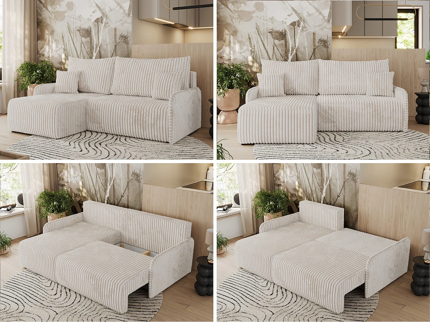 Ecksofa ARPA - L-form Schlaffsofa, Bettkasten und lose Kissen, Armlehnen - Creme Cord - Ecke Links
