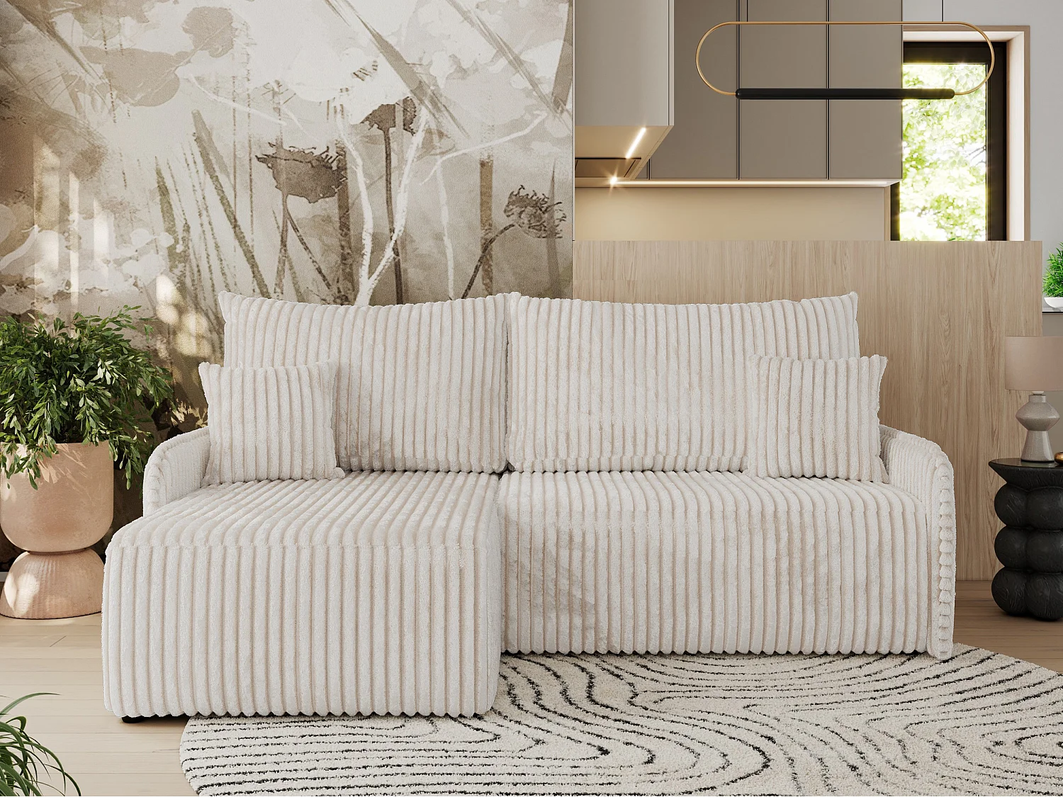 Ecksofa ARPA - L-form Schlaffsofa, Bettkasten und lose Kissen, Armlehnen - Creme Cord - Ecke Links