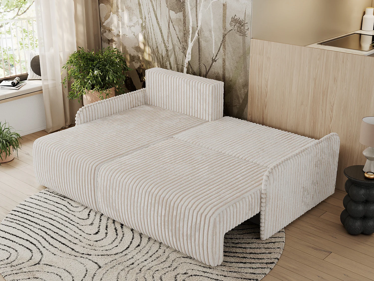 Ecksofa ARPA - L-form Schlaffsofa, Bettkasten und lose Kissen, Armlehnen - Creme Cord - Ecke Links
