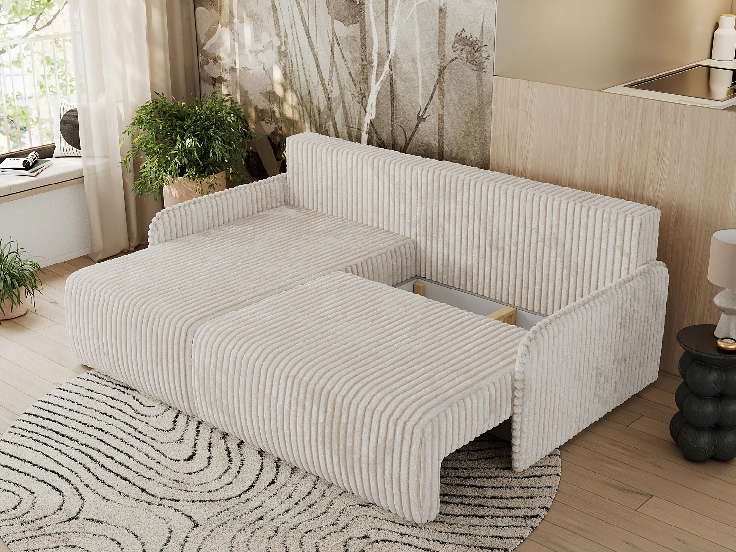 Ecksofa ARPA - L-form Schlaffsofa, Bettkasten und lose Kissen, Armlehnen - Creme Cord - Ecke Links
