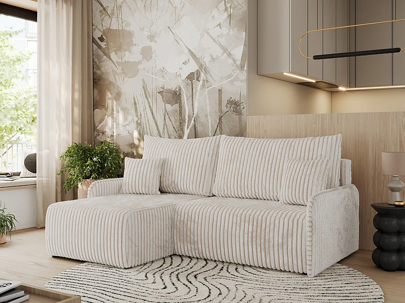 Ecksofa ARPA - L-form Schlaffsofa, Bettkasten und lose Kissen, Armlehnen - Creme Cord - Ecke Links