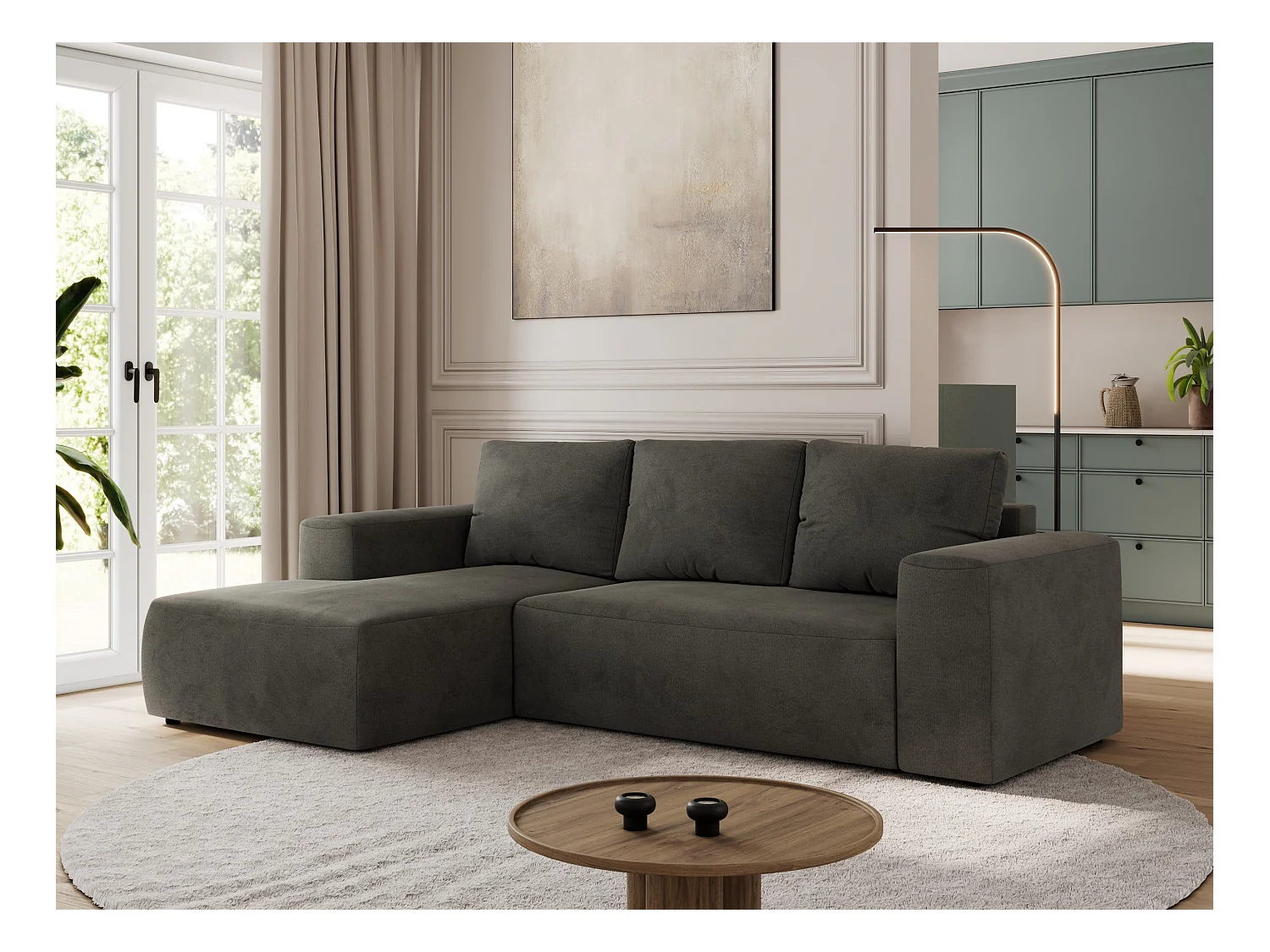 Ecksofa TRENTINO - mit Schlaffunktion und Bettkasten, L-form Couch, lose Kissen und Armlehnen - Dunkelgrau Velvet - Ecke Links