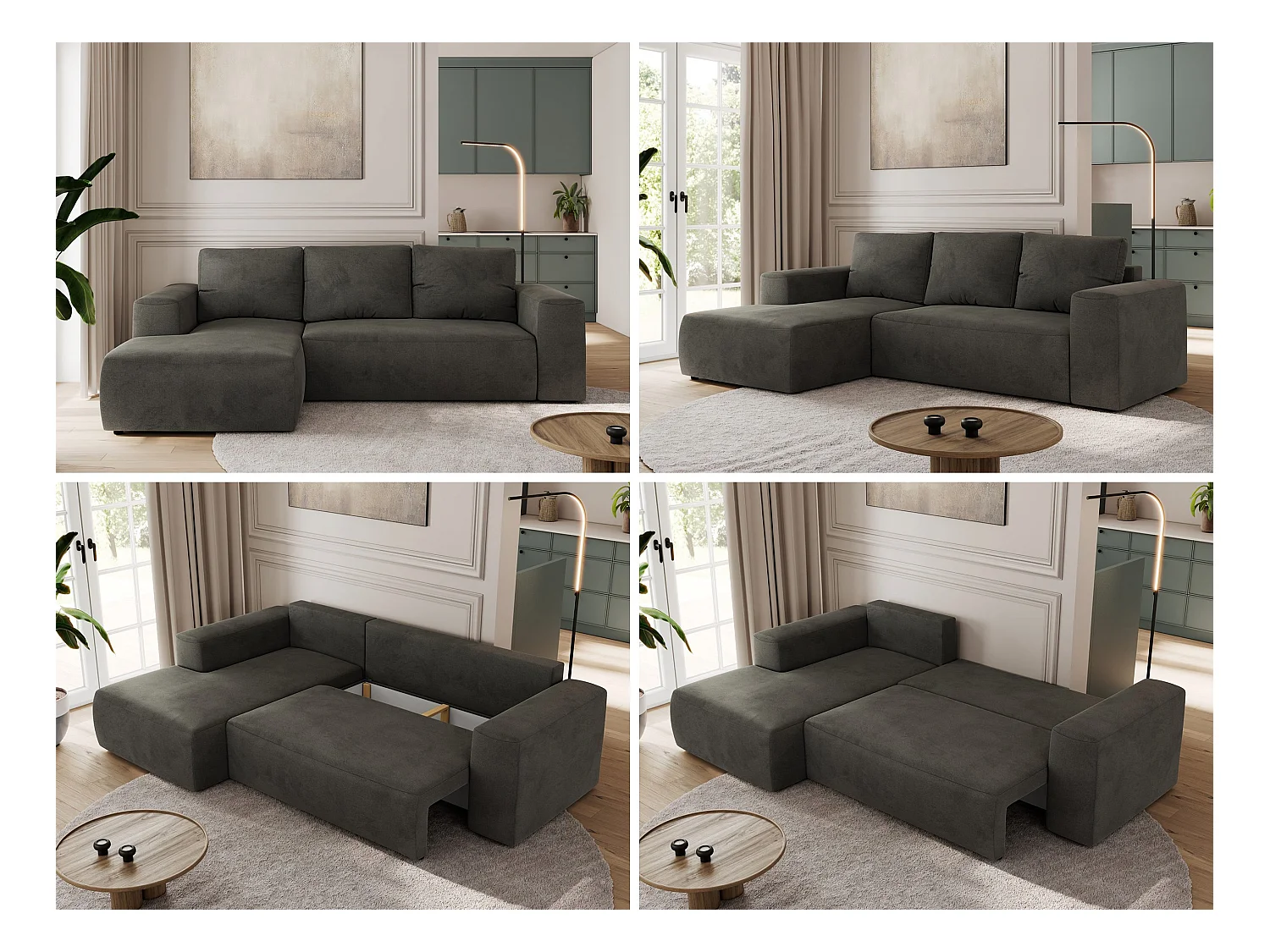 Ecksofa TRENTINO - mit Schlaffunktion und Bettkasten, L-form Couch, lose Kissen und Armlehnen - Dunkelgrau Velvet - Ecke Links