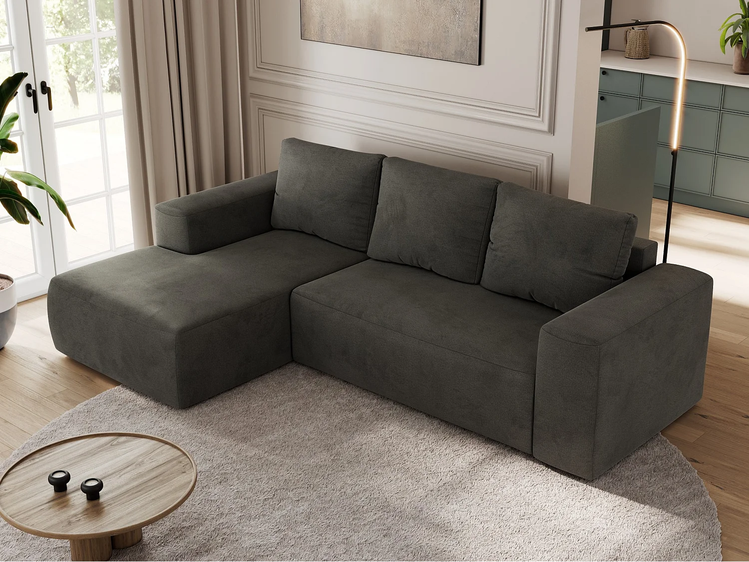 Ecksofa TRENTINO - mit Schlaffunktion und Bettkasten, L-form Couch, lose Kissen und Armlehnen - Dunkelgrau Velvet - Ecke Links